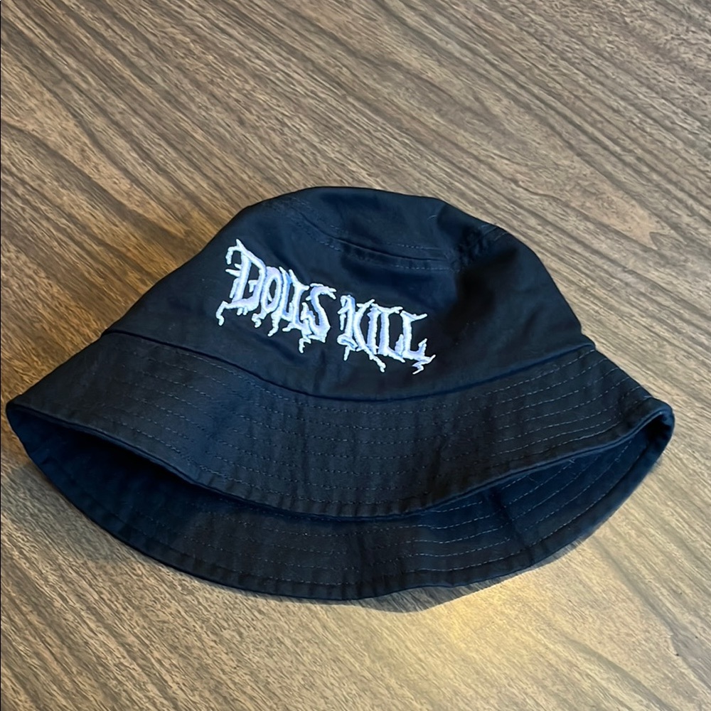 Dolls Kill Black Bucket Hat White Logo Embroidery
